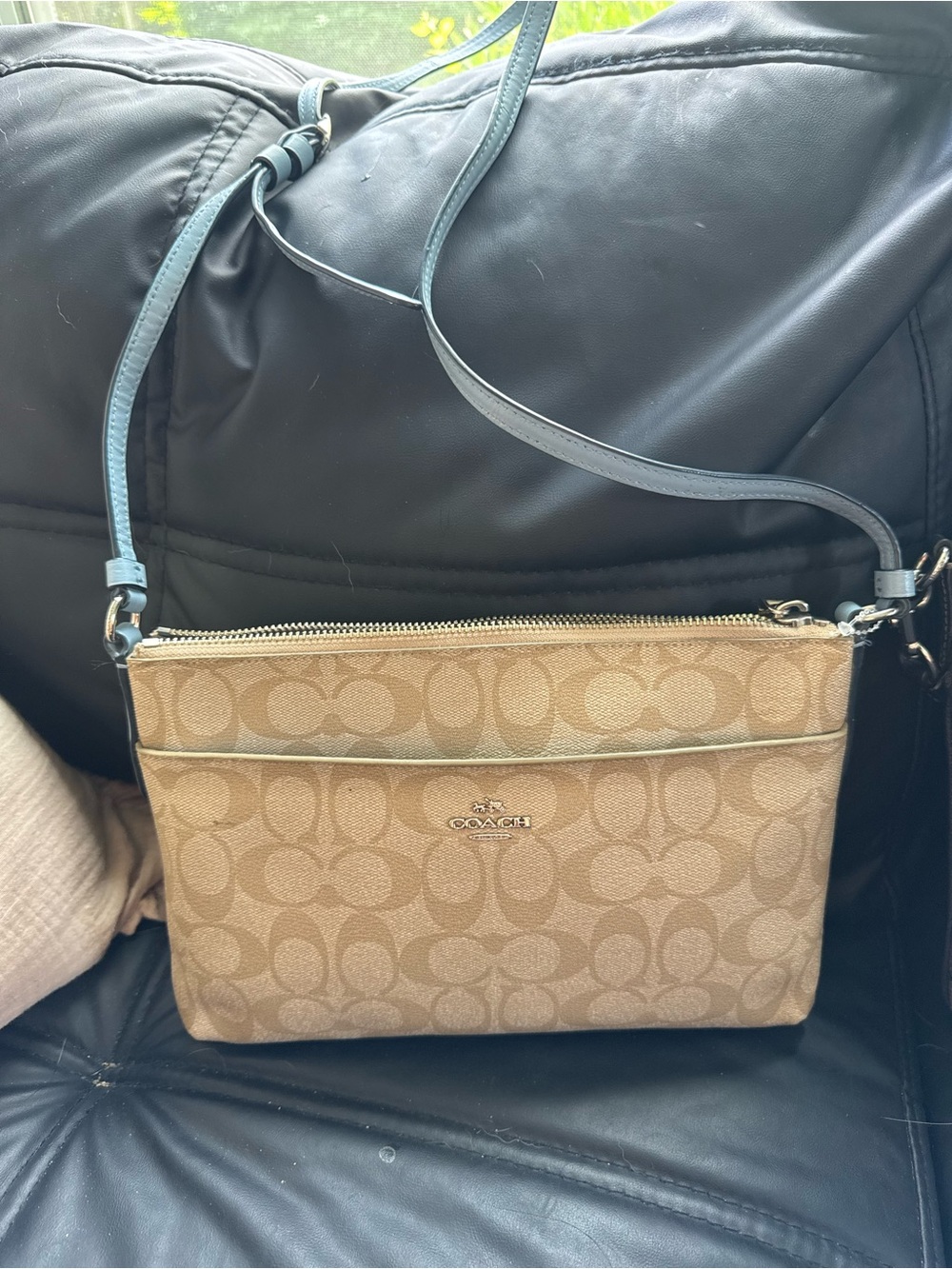Coach Crossbody Bag in Khaki Canvas with Blue Leather Strap